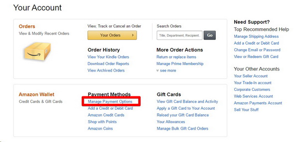Manage Payment options on Amazon