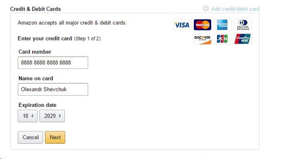 Add Credit/debit card on Amazon